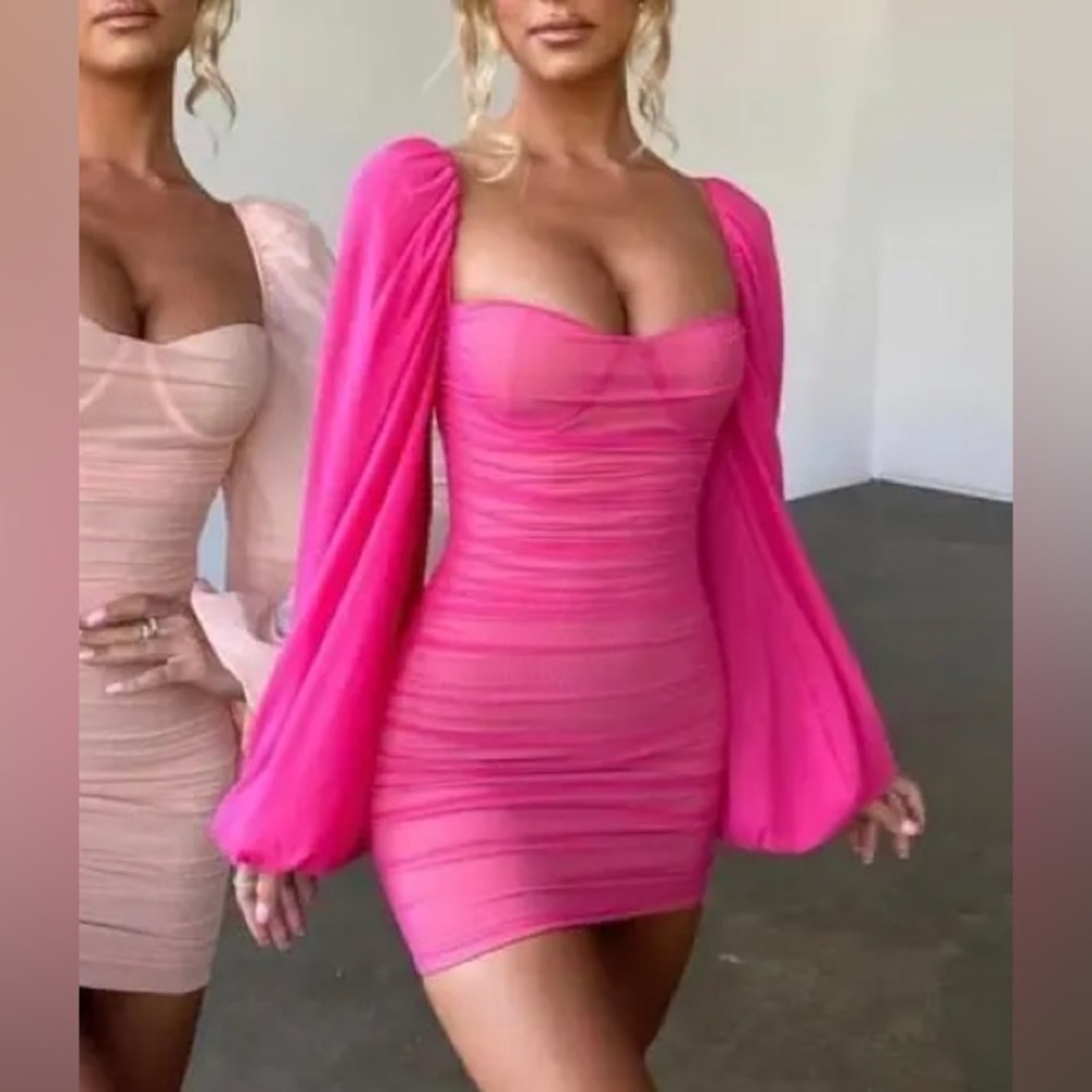 NWT Oh Polly Hot Pink Puffy Sleeve Rushed Mini Dress Size US 6